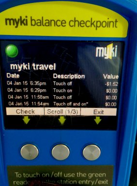 A photo showing a $1.52 credit on a myki card after a trip between zone 1 and zone 2.