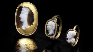From left: A Sardonyx cameo of a lady Roman, 1st to 2nd Century AD; a Renaissance revival gold, enamel and agate cameo ring depicting Brutus, mid-late 19th Century; a 16th-17th century double portrait agate cameo.