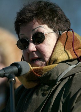 Norma McCorvey speaks on the steps of the U.S. Supreme Court in 2005, petitioning the court to reverse its decision in Roe v. Wade.  