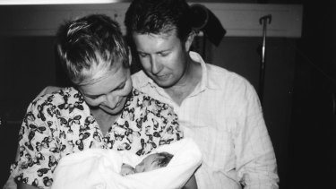 Rowe with her husband, Peter Overton, at the birth of their first child, Allegra.