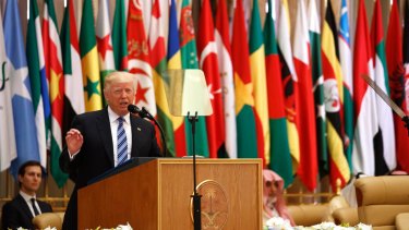US President Donald Trump speaks at the Arab Islamic American Summit at the King Abdulaziz Conference Centre  in Riyadh, Saudi Arabia on Sunday.
