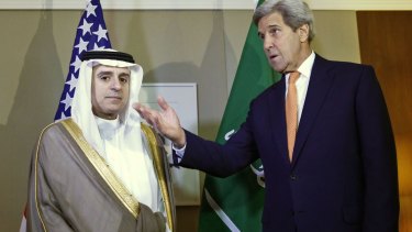 Complicated relationship: US Secretary of State John Kerry with Saudi Foreign Minister Adel al-Jubeir.