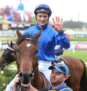 To the four: Blake Shinn celebrates after his fourth win at Rosehill on Saturday.