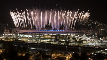 Fireworks explode above the Maracana during a rehearsal for the 2016 Opening Ceremony.