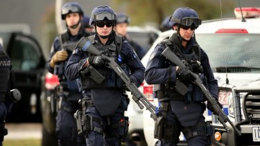 Victoria Police Special Operations Group members outside the Melbourne remand centre.