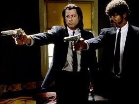 Samuel L. Jackson with John Travolta in Pulp Fiction. Quentin Tarantino had earmarked the part of Jules Winnfield for him.