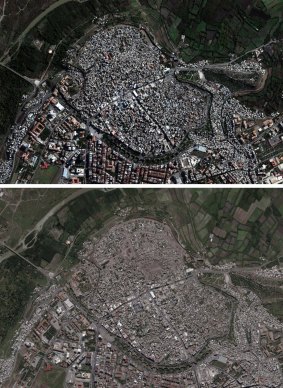Satellite imagery shows the Sur district in Diyarbakir on November 8, 2015, before the major curfew put into effect on December 11, 2015, and below on May 10, 2016, after the end of the armed clashes, showing a portion of buildings in the eastern half of the city  damaged or demolished. 