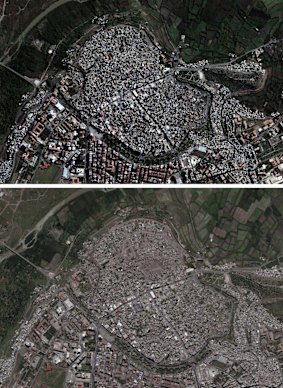 Satellite imagery shows the Sur district in Diyarbakir on November 8, 2015, before the major curfew put into effect on December 11, 2015, and below on May 10, 2016, after the end of the armed clashes, showing a portion of buildings in the eastern half of the city  damaged or demolished. 