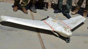 An Islamic State drone  is displayed after it was shot down by Iraqi forces outside Fallujah.