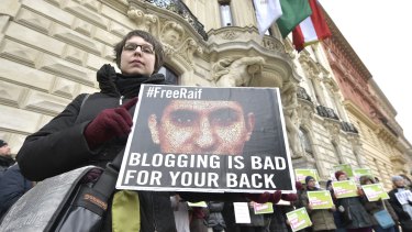 Protests against the punishment for Saudi blogger Raif Badawi in February, 2015, in Vienna, Austria. 