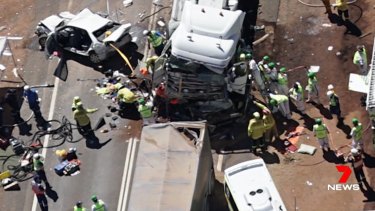 The scene of the fatal truck crash on the Newell Highway near Dubbo on Tuesday.