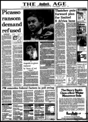 The Age front page on Tuesday, August 5, 1986, the day after the theft of Picasso's Weeping Woman was discovered.