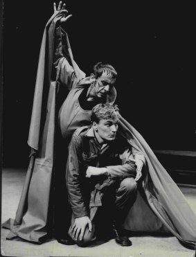 Robert Helpmann, as the Devil, and John Bell as the Soldier, in a scene from the "Soldier's Tale" at the Elizabethan Theatre, Newtown in 1964.
