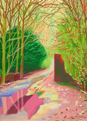 David Hockney "The Arrival of Spring in Woldgate, East Yorkshire in 2011 (twenty eleven) - 29 January" iPad drawing, collection of the artist.