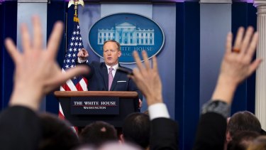 White House press secretary Sean Spicer answers questions during his first briefing in the White House.
