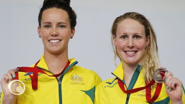 McKeon and Bronte Barratt after the medal ceremony for the 200m freestyle.