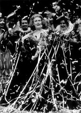 Dame Joan Sutherland is covered in streamers as the Opera House audience says farewell.