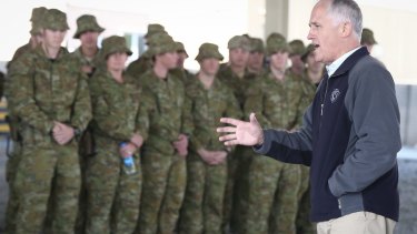Prime Minister Malcolm Turnbull addresses ADF trainers and force protection troops  in Kabul.