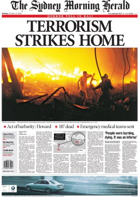 The front page of The Sydney Morning Herald on October 14, 2002.