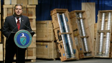 US energy secretary Spencer Abraham speaks about nuclear weapons and components brought from Libya to the Y-12 National Security Complex  in Oak Ridge, Tennessee, in March 2004. 
