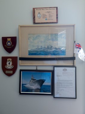 Memorabilia hangs in the Ballarat home of HMAS Perth survivor David Manning.