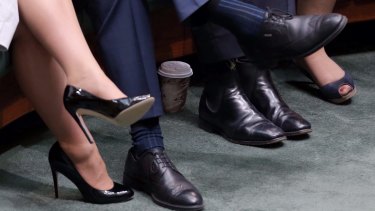 The culprit: The offending coffee cup, hidden behind Christopher Pyne's feet. 