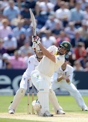 Mitch Johnson hits out during Australia's second innings on day four of the first Ashes Test against England in Cardiff.