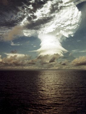 An undated handout photo of the first test of the hydrogen bomb, on Elugelab Island, Eniwetok Atoll, Marshall Islands in 1952.
