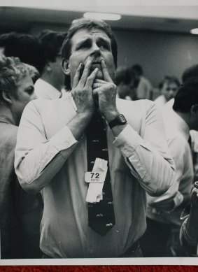 Broker Jock O'Connor shows his concern on the Melbourne trading floor during Black Monday, 1987.