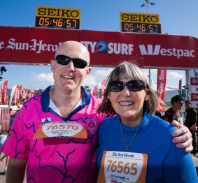 Officially last over the line in this year's City2Surf, Kerry McKee and her son John.