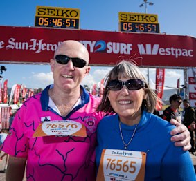 Officially last over the line in this year's City2Surf, Kerry McKee and her son John.