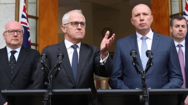 Questions of direction remain: Prime Minister Malcolm Turnbull announced Peter Dutton will become the Minister for Home Affairs at Parliament House in Canberra with Minister Michael Keenan and Attorney-General George Brandis.