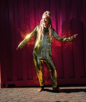 Adele Varcoe in one of her glittery onesies, or "wowsies".