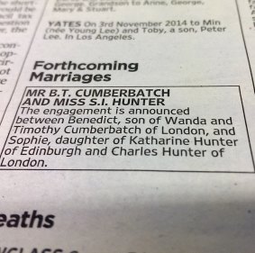 Benedict Cumberbatch's engagement announcement in <i>The Times</i>.