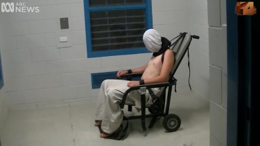 Dylan Voller in a restraining chair in the footage aired on Four Corners. 