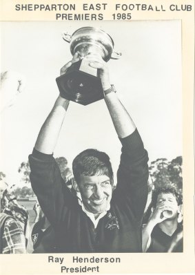 Beyond proud: Ray Henderson celebrates Shepparton East's 1985 premiership while president of the club.