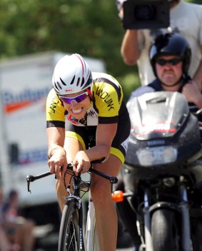 Bridie O'Donnell wins the women's time trail at the Australian cycling championships at Ballarat in 2008.