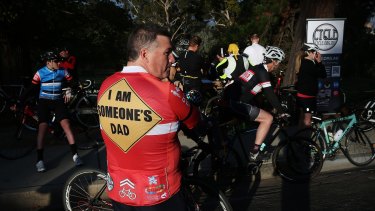 One of the bike riders who rode a 13km circuit around Kew Boulevard to protest against someone who had been laying tacks on the road.