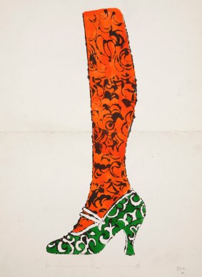 Andy Warhol's "Shoe and Leg", c1956, offset lithograph and watercolour on paper.