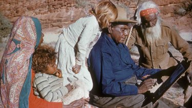 Albert Namatjira with his wife Rubina, grandchildren and father Jonathon.