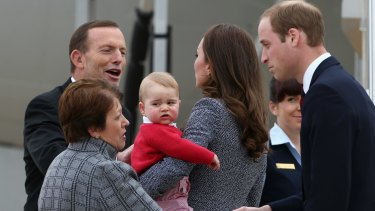 Then prime minister Tony Abbott farewells Prince George of Cambridge, Catherine, Duchess of Cambridge and Prince William, Duke of Cambridge, on the final day of the royal tour of Australia in 2014.