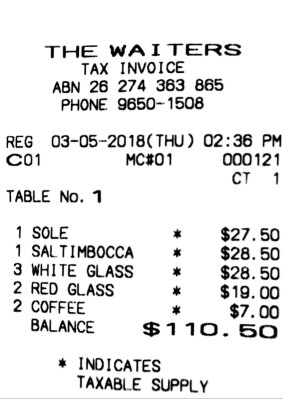 Receipt for lunch at Waiters Restaurant with Gillian Triggs.