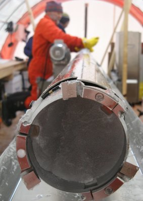 An ice core in a drill that researchers used to study the climate of Antarctica.