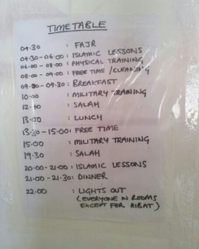 The training timetable found by police.