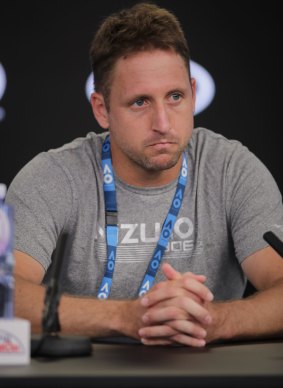 Anger: Tennys Sandgren addresses the media after his match against Hyeon Chung.