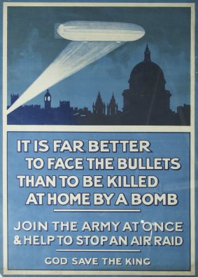 Wartime warning: A WWI recruiting poster featuring a Zeppelin attack.