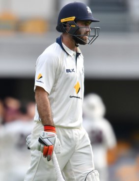 Dismissed: Glenn Maxwell walks from the field after being caught in the outfield off the bowling of Queensland's Jack Wildermuth.