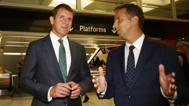 NSW Premier Mike Baird, left, and Transport Minister Andrew Constance at Martin Place Station on Wednesday.