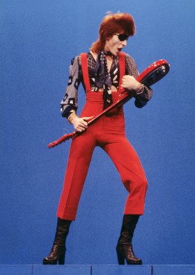 David Bowie recording Rebel Rebel in the TopPop studios in Hilversum, the Netherlands, in 1974.
