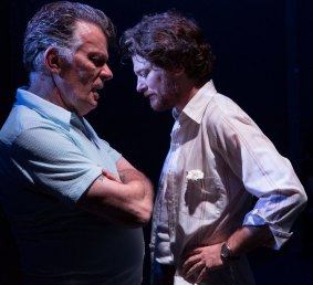 Russell Kiefel with actor Dan Spielman on stage at Belvoir in 2016 production of <i>The Blind Giant Is Dancing</I>.